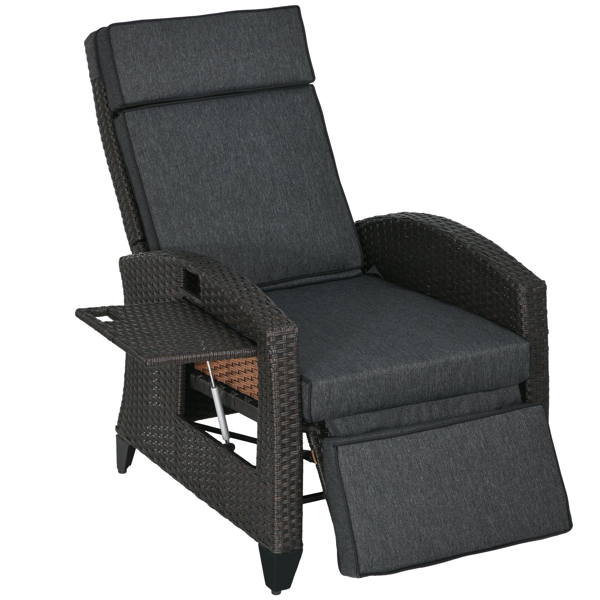 Outdoor Recliner Chair w/ Cushion, PE Rattan Reclining Lounge Chair